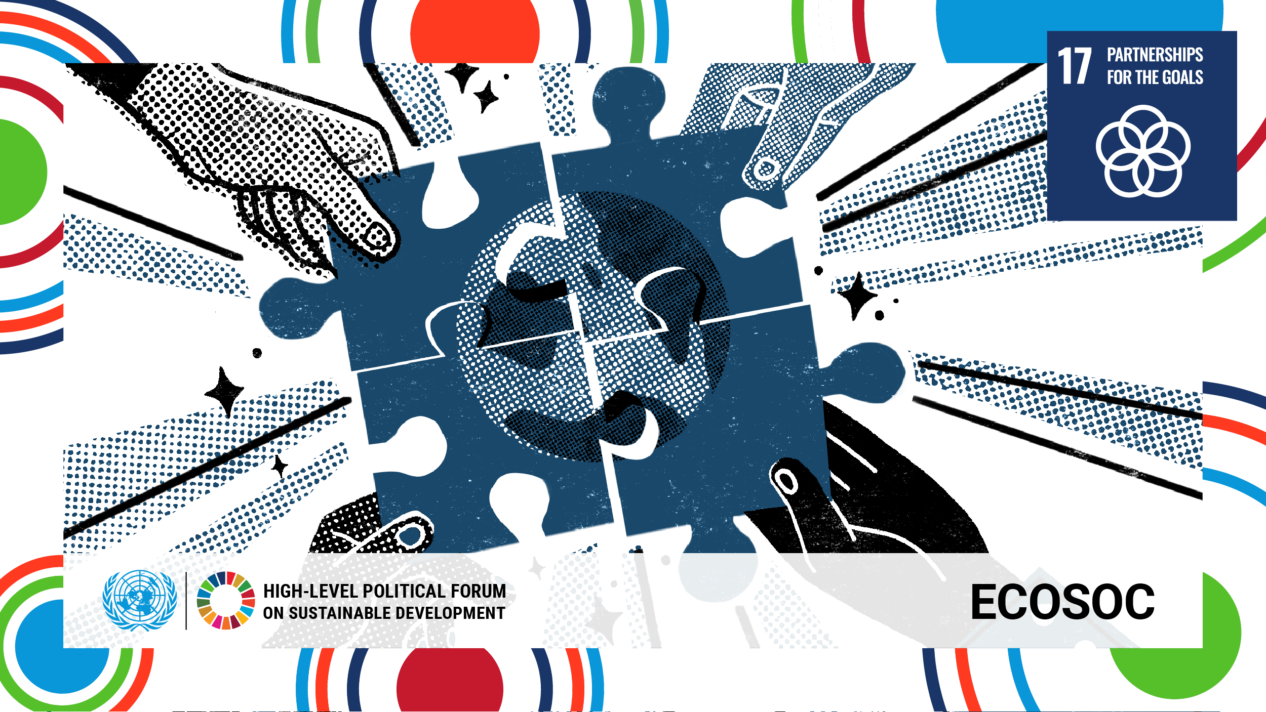 Das diesjährige HLPF in New York findet erstmals wieder hauptsächlich in Präsenz statt. Illustration: HLPF Media Materials © UN